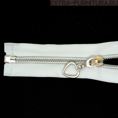 Молния спираль декор Т5 55см цв.белый/серебро (сердце)